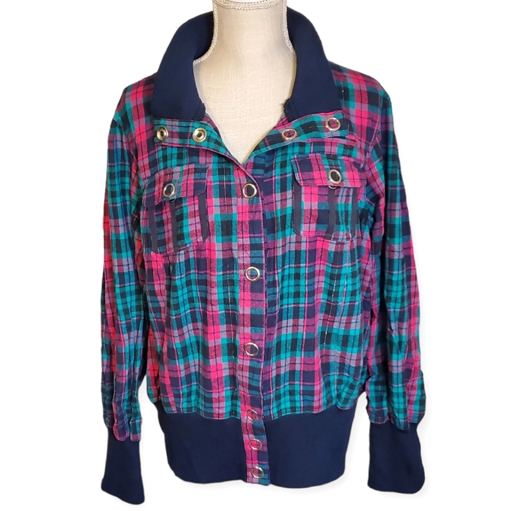 APOLLO OUTERWEAR | Women's pink and teal plaid snap-button flannel jacket.